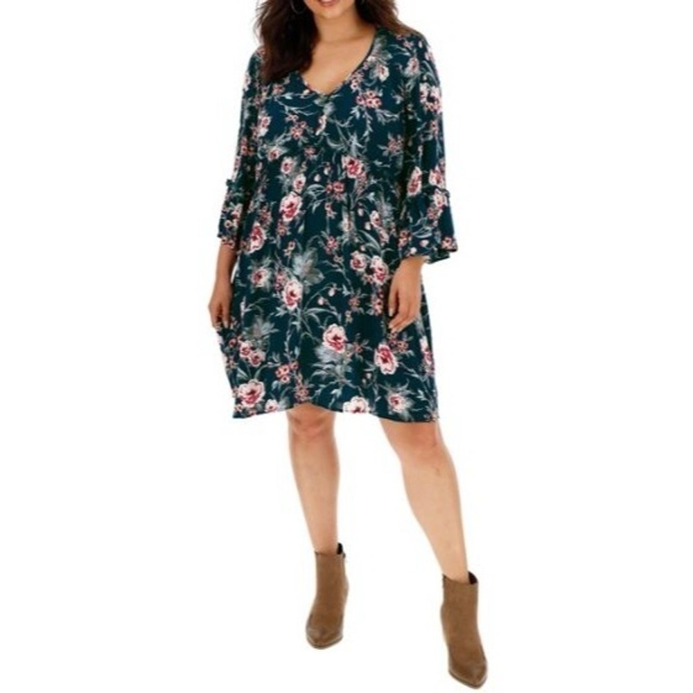 Band of Gypsies Blue Floral 3/4 Sleeve Above Knee V-Neck Dress size 3X